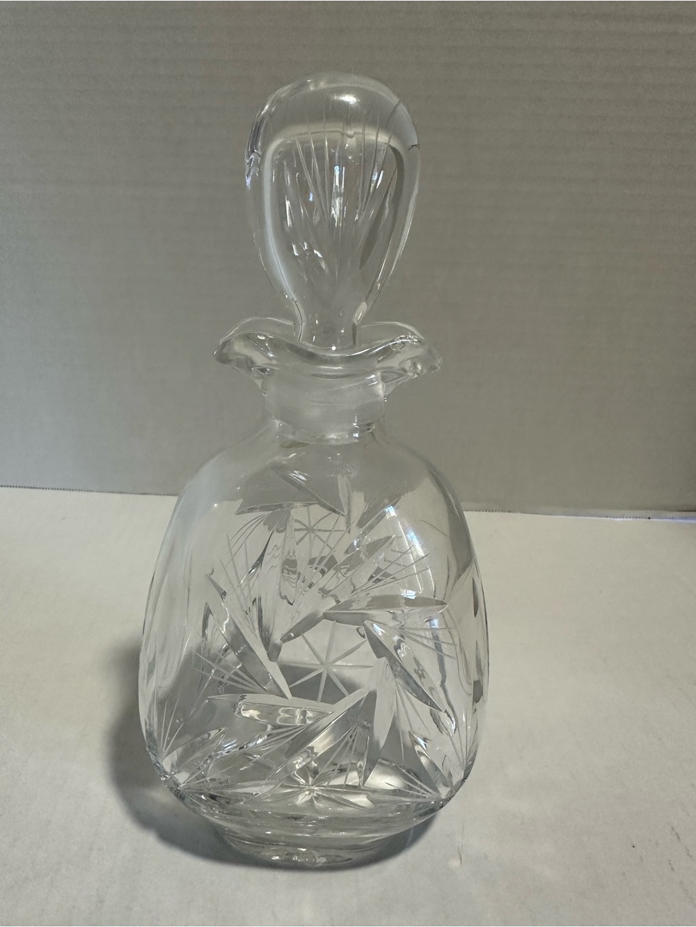 Vintage Clear Cut Glass Decanter with Etched Leaf Design